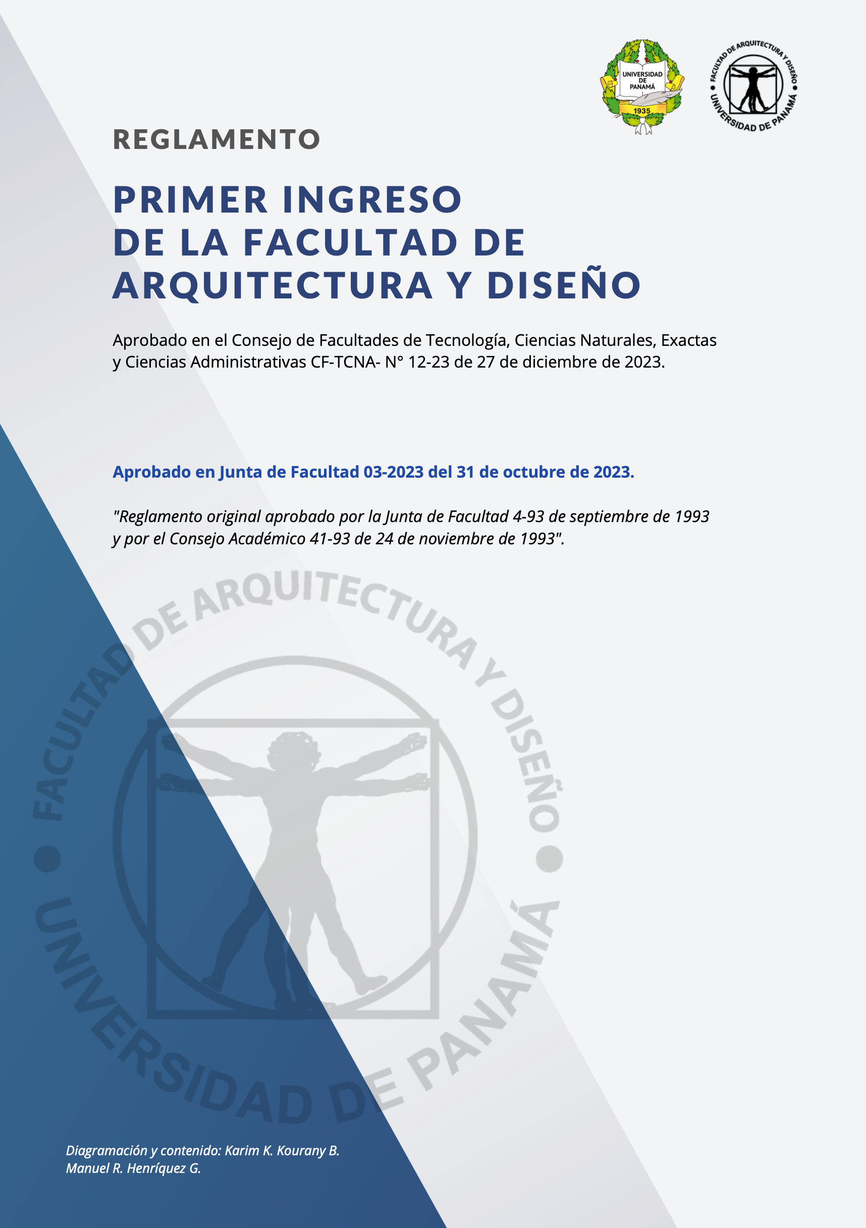 Portada de reglamento de primer ingreso a la facultad de arquitectura y diseño